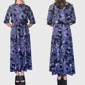 Vintage 90s Purple Dress, 1990s Floral Midi Summer Dress